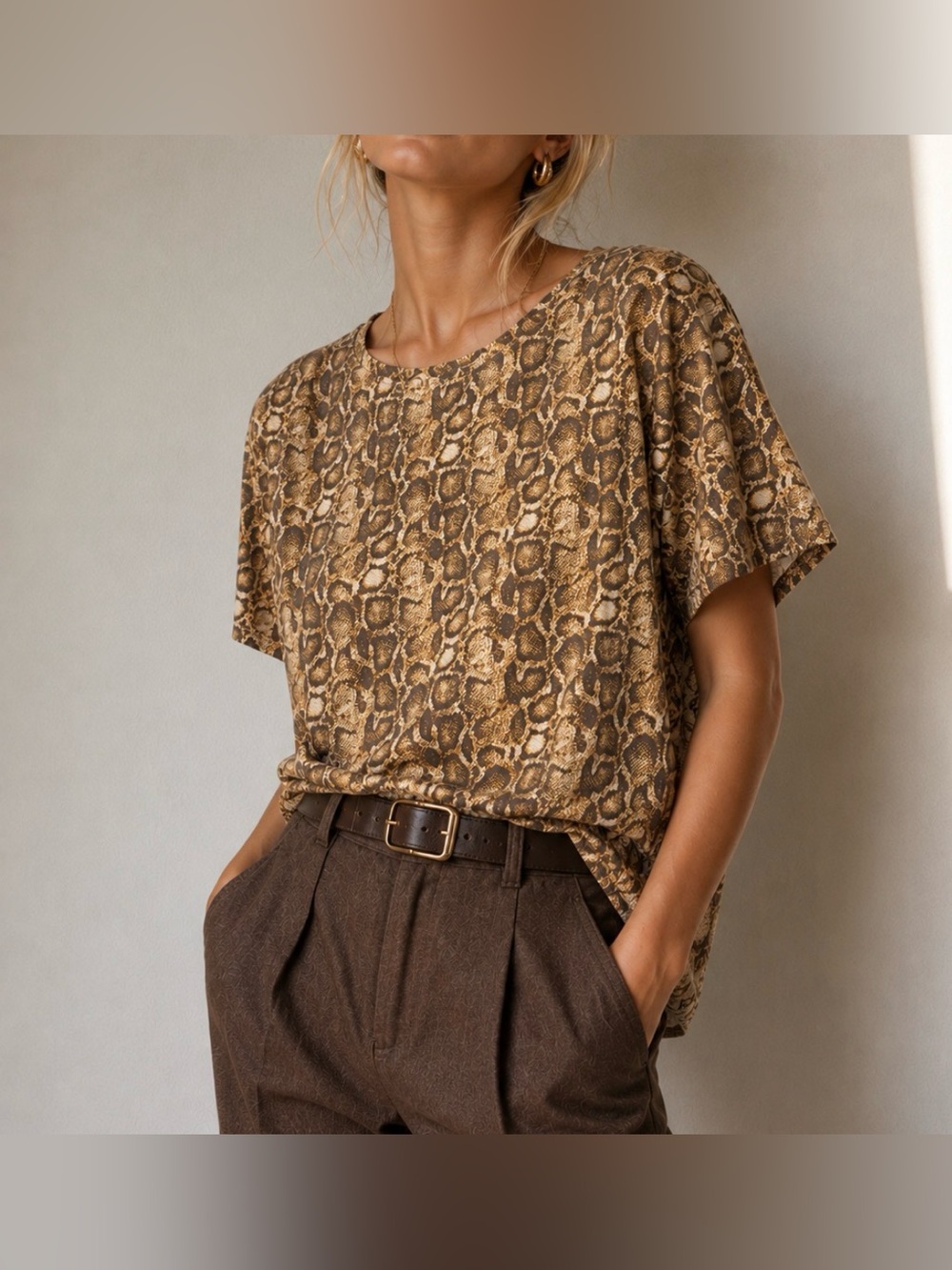 Zara Brown Snake-Print Short Sleeve Tee